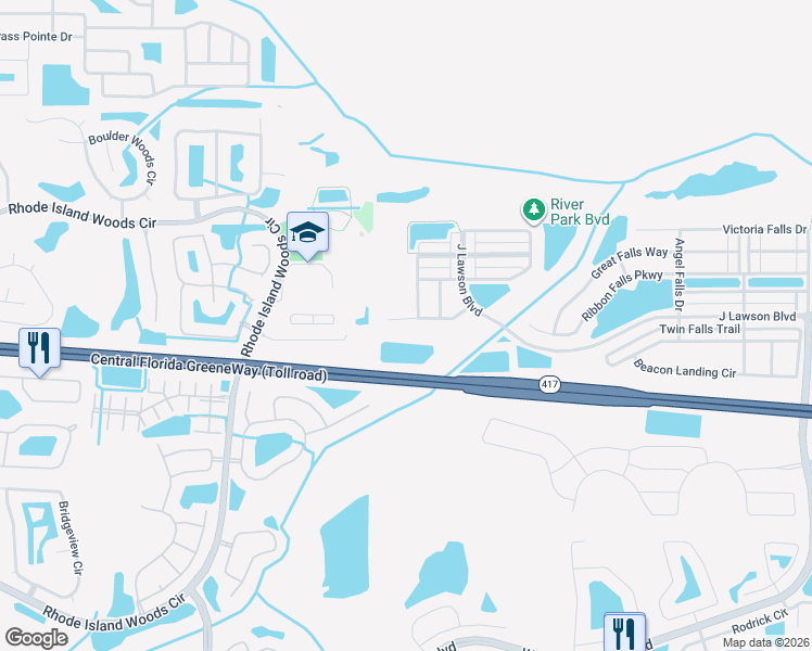 map of restaurants, bars, coffee shops, grocery stores, and more near 1564 Whitewater Falls Drive in Orlando