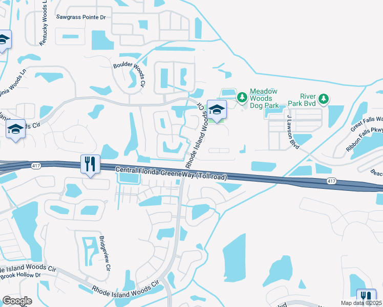 map of restaurants, bars, coffee shops, grocery stores, and more near Central Florida Greeneway in Orlando