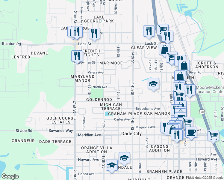 map of restaurants, bars, coffee shops, grocery stores, and more near 37313 Main Avenue in Dade City