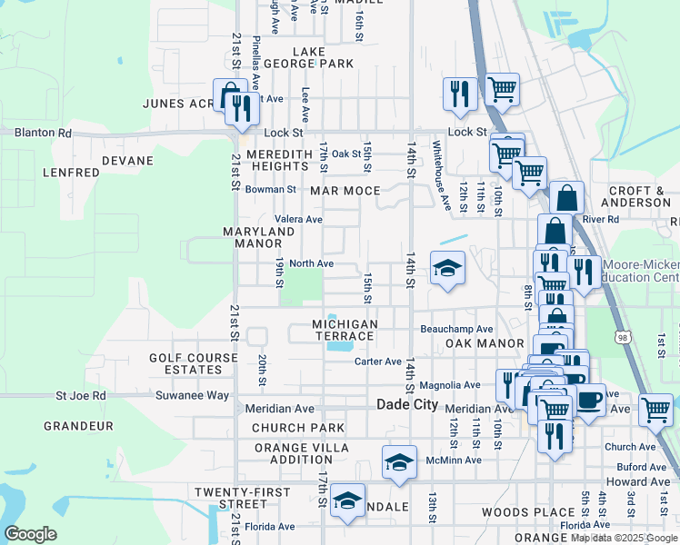 map of restaurants, bars, coffee shops, grocery stores, and more near 37313 Main Avenue in Dade City