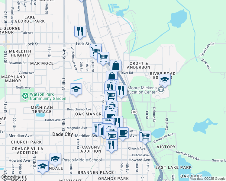 map of restaurants, bars, coffee shops, grocery stores, and more near 14531 7th Street in Dade City