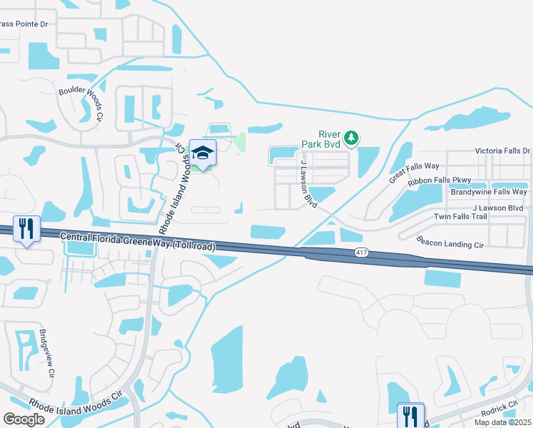 map of restaurants, bars, coffee shops, grocery stores, and more near 1564 Whitewater Falls Drive in Orlando