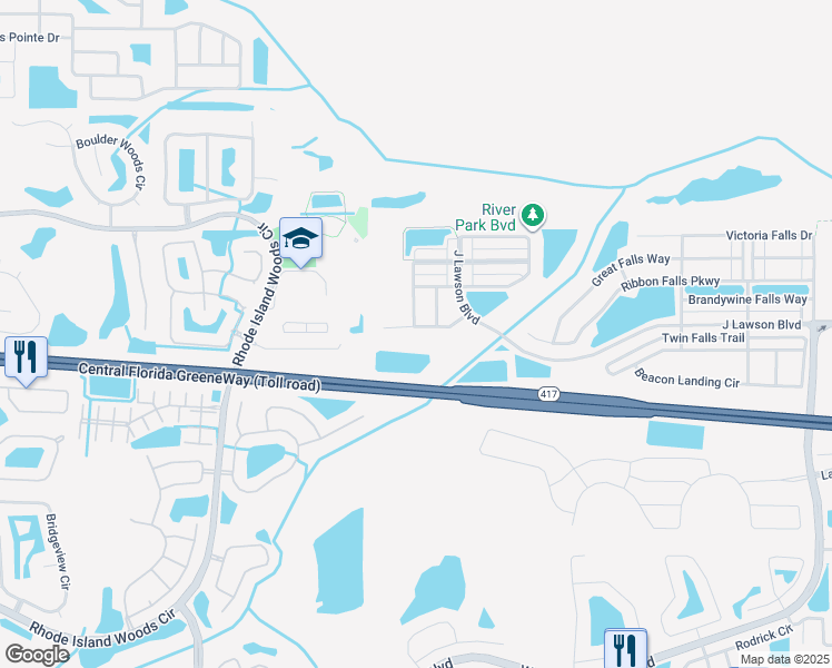 map of restaurants, bars, coffee shops, grocery stores, and more near 1564 Whitewater Falls Drive in Orlando
