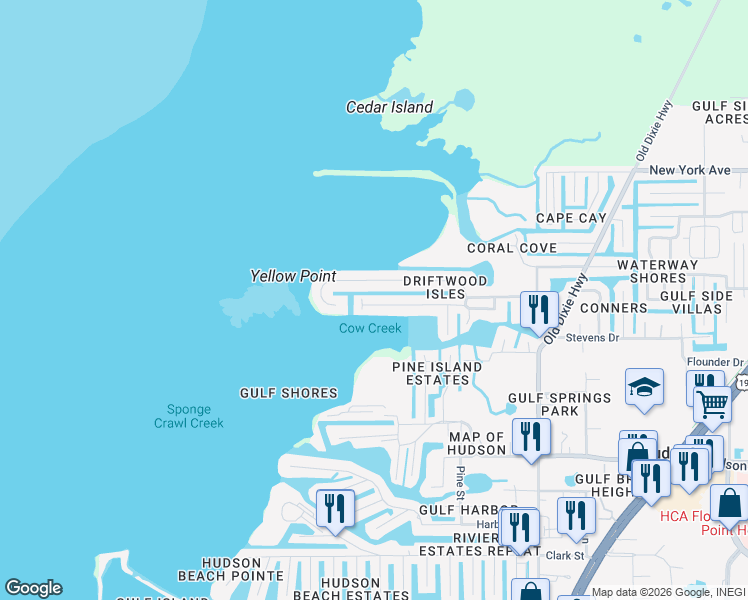 map of restaurants, bars, coffee shops, grocery stores, and more near 6608 Seaview Boulevard in Hudson
