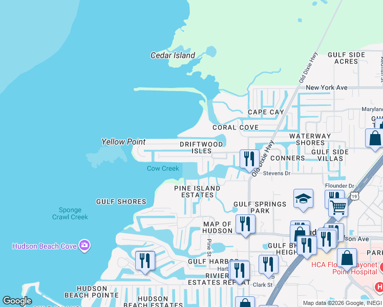map of restaurants, bars, coffee shops, grocery stores, and more near 6703 Seaview Boulevard in Hudson