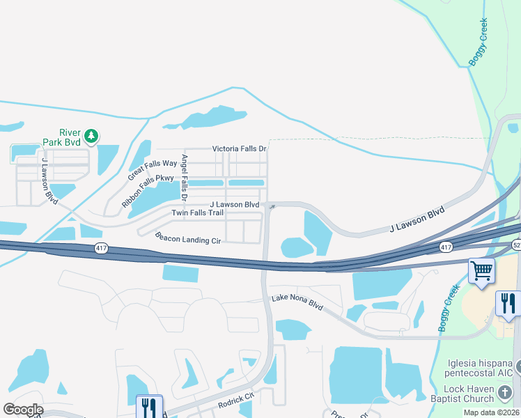 map of restaurants, bars, coffee shops, grocery stores, and more near 2272 J Lawson Boulevard in Orlando