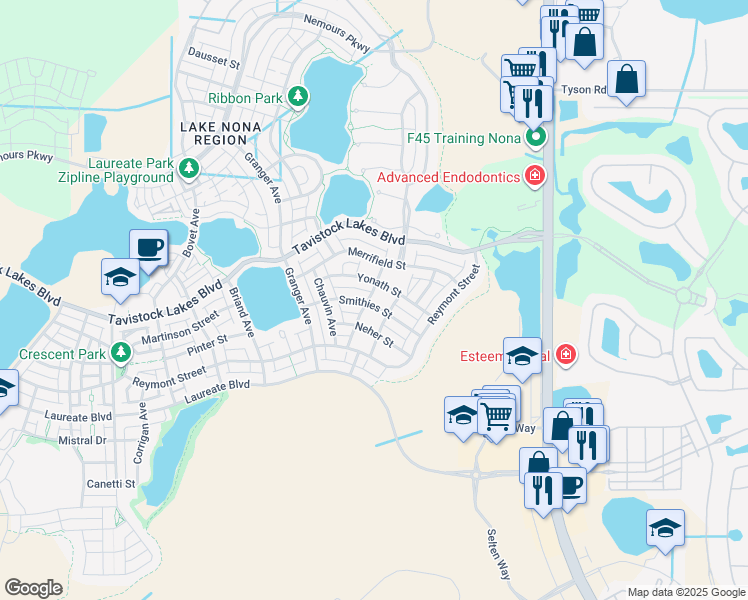map of restaurants, bars, coffee shops, grocery stores, and more near 9154 Yonath Street in Orlando