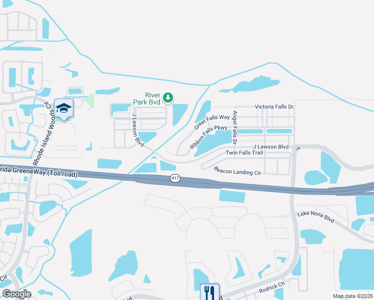 map of restaurants, bars, coffee shops, grocery stores, and more near 1856 Great Falls Way in Orlando