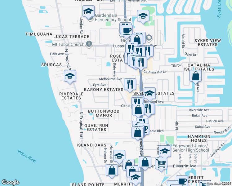 map of restaurants, bars, coffee shops, grocery stores, and more near 820 Buttonwood Drive in Merritt Island