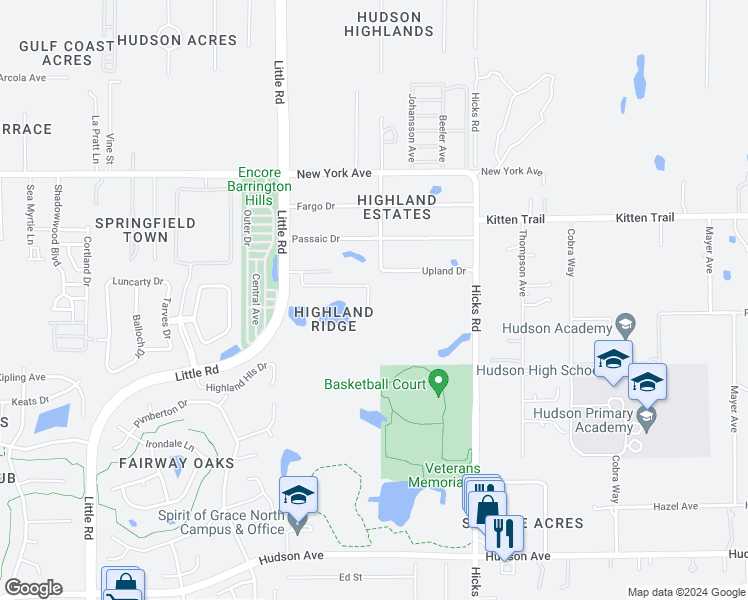map of restaurants, bars, coffee shops, grocery stores, and more near 9729 Highland Ridge Drive in Hudson