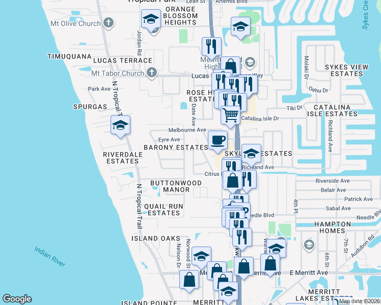 map of restaurants, bars, coffee shops, grocery stores, and more near 820 Buttonwood Drive in Merritt Island