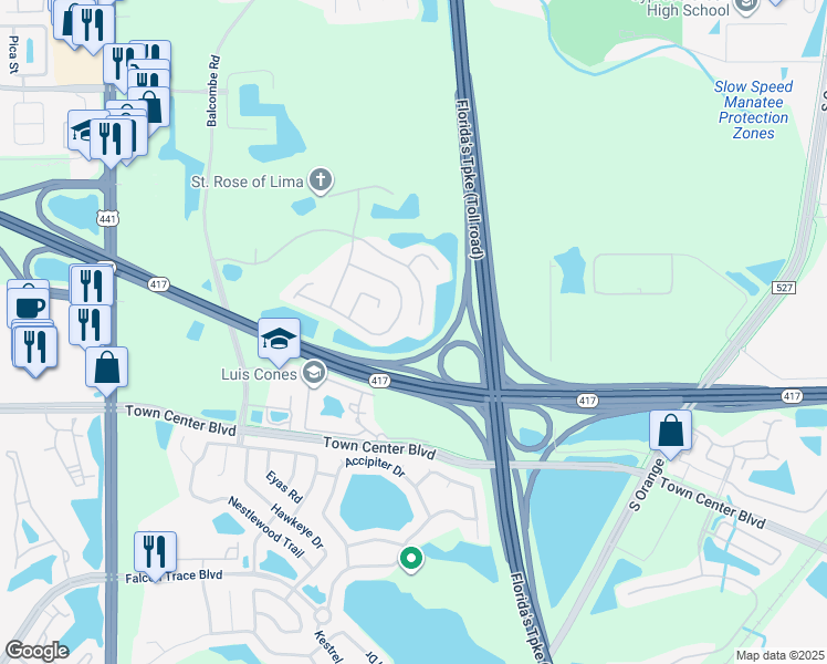 map of restaurants, bars, coffee shops, grocery stores, and more near 1102 Kempton Chase Parkway in Orlando