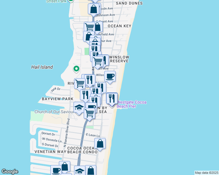 map of restaurants, bars, coffee shops, grocery stores, and more near 300 Barlow Avenue in Cocoa Beach
