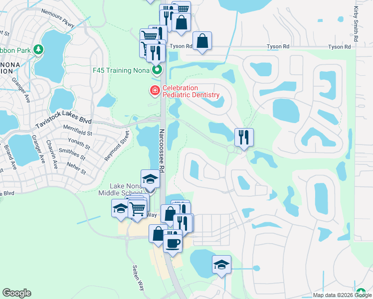 map of restaurants, bars, coffee shops, grocery stores, and more near 8166 Prestbury Drive in Orlando