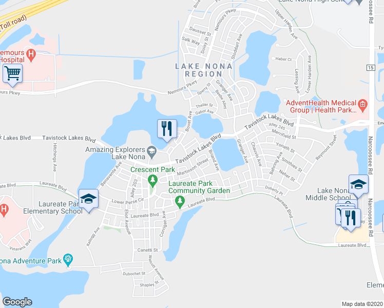 map of restaurants, bars, coffee shops, grocery stores, and more near 8442 Karrer Terrace in Orlando