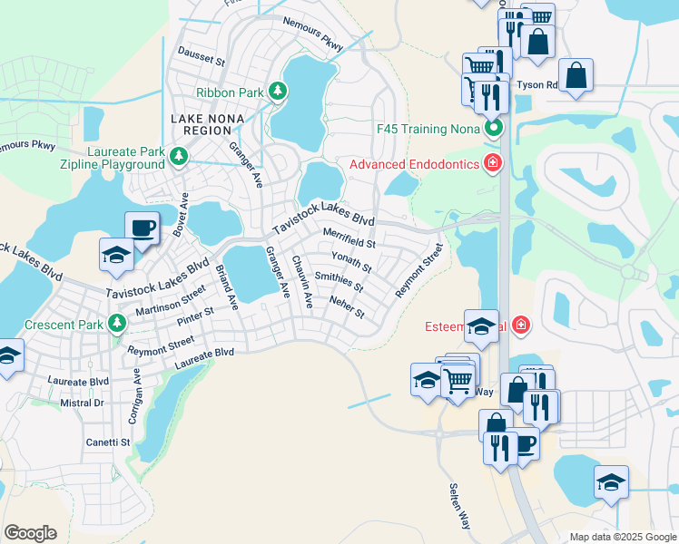 map of restaurants, bars, coffee shops, grocery stores, and more near 9133 Smithies Street in Orlando
