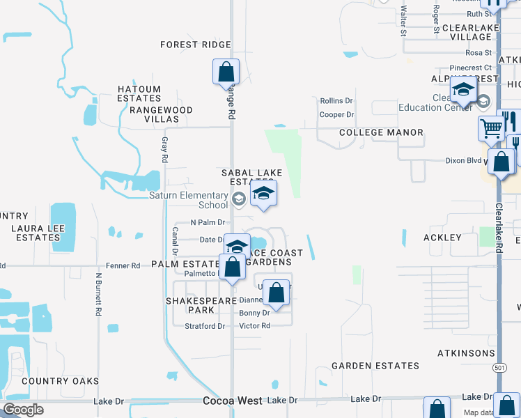 map of restaurants, bars, coffee shops, grocery stores, and more near 880 North Range Road in Cocoa