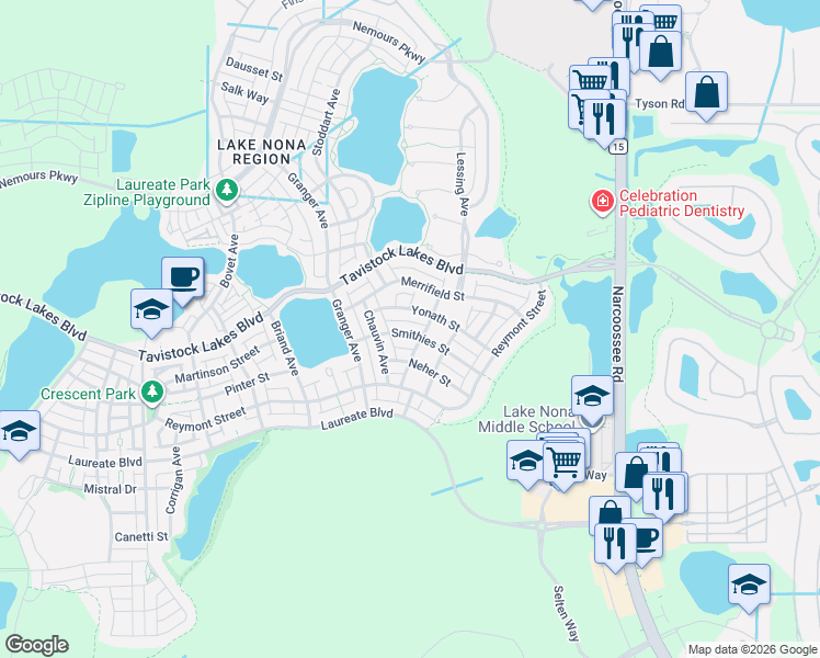 map of restaurants, bars, coffee shops, grocery stores, and more near 9154 Yonath Street in Orlando