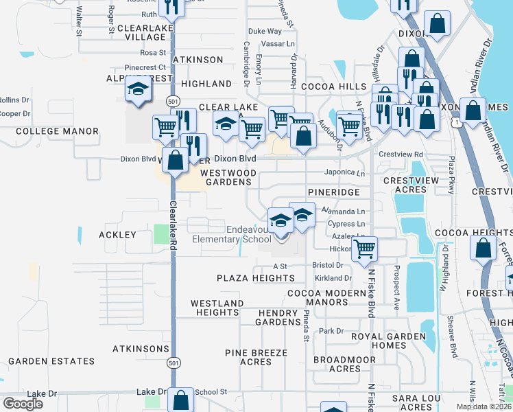 map of restaurants, bars, coffee shops, grocery stores, and more near 1006 Greenwood Way in Cocoa