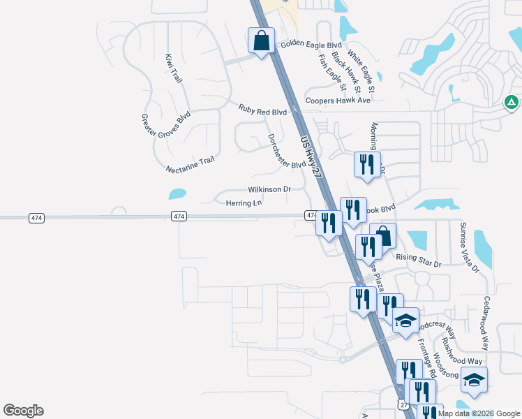 map of restaurants, bars, coffee shops, grocery stores, and more near 1601 Herring Lane in Clermont