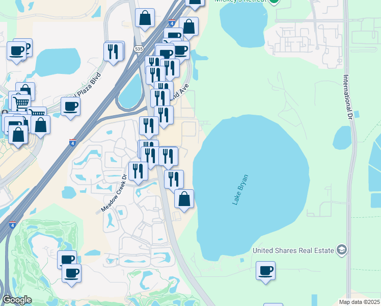 map of restaurants, bars, coffee shops, grocery stores, and more near 8512 Lake Vista Court in Orlando