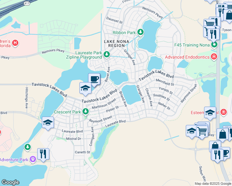 map of restaurants, bars, coffee shops, grocery stores, and more near 8720 Tavistock Lakes Boulevard in Orlando