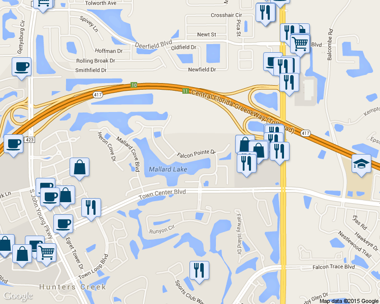 map of restaurants, bars, coffee shops, grocery stores, and more near 13465 Falcon Pointe Drive in Orlando