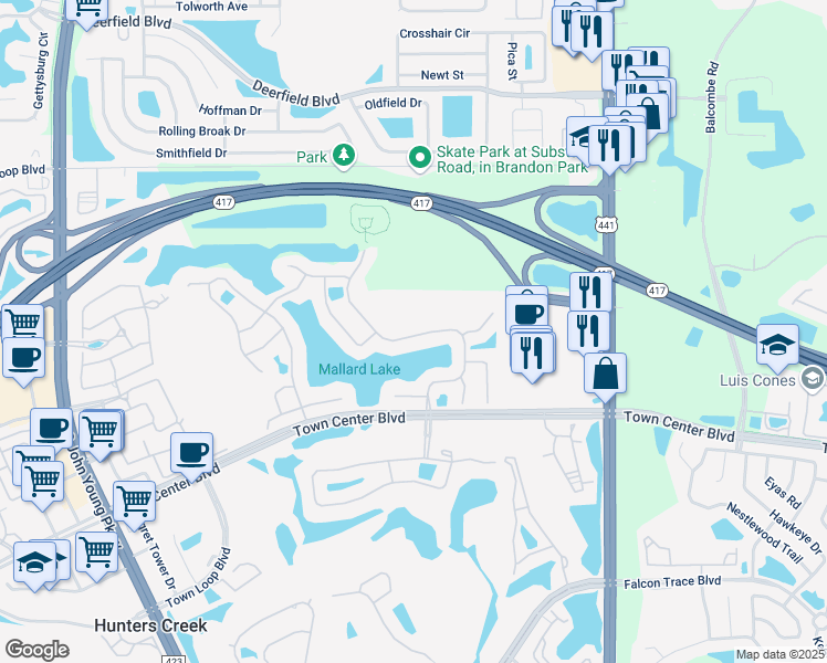 map of restaurants, bars, coffee shops, grocery stores, and more near 13465 Falcon Pointe Drive in Orlando