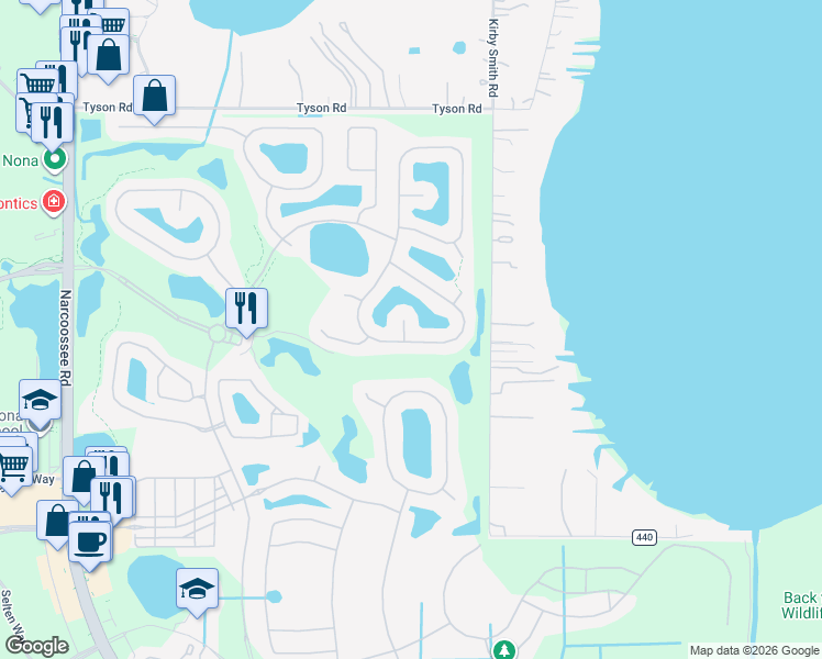 map of restaurants, bars, coffee shops, grocery stores, and more near 13519 Goostry Point in Orlando