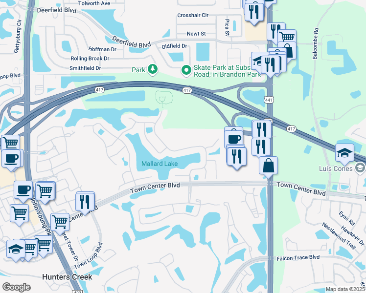 map of restaurants, bars, coffee shops, grocery stores, and more near 13465 Falcon Pointe Drive in Orlando