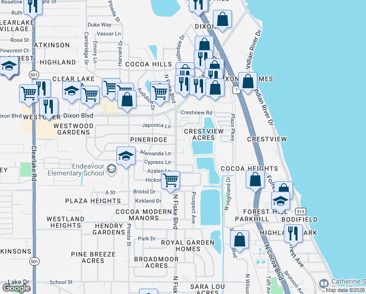 map of restaurants, bars, coffee shops, grocery stores, and more near 401 Alamanda Lane in Cocoa