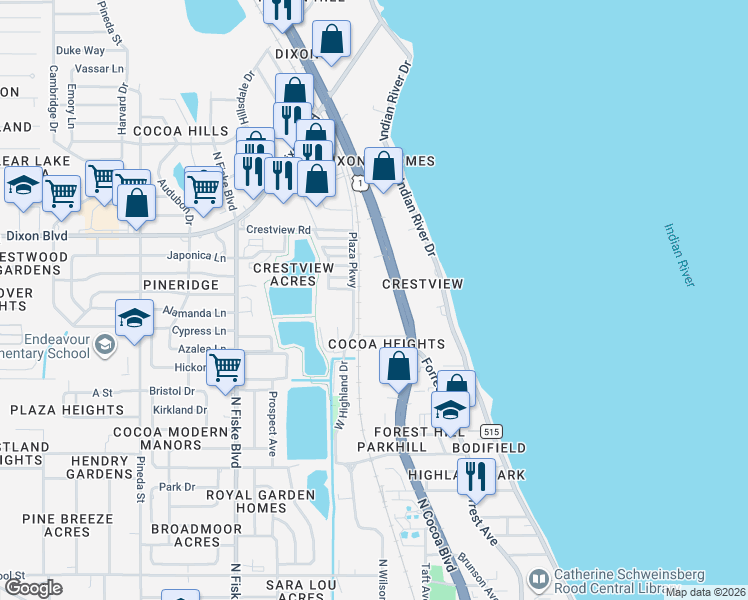 map of restaurants, bars, coffee shops, grocery stores, and more near 911 North Cocoa Boulevard in Cocoa