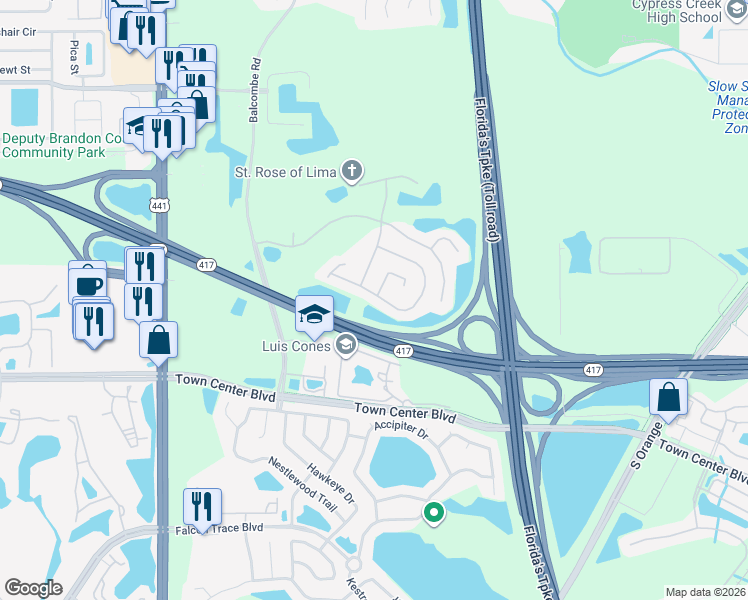 map of restaurants, bars, coffee shops, grocery stores, and more near 1258 Epson Oaks Way in Orlando