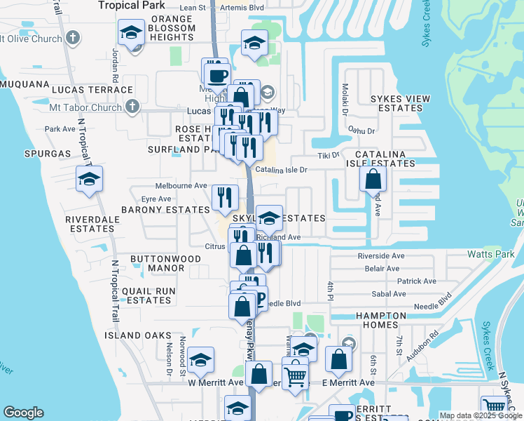 map of restaurants, bars, coffee shops, grocery stores, and more near 700 North Courtenay Parkway in Merritt Island