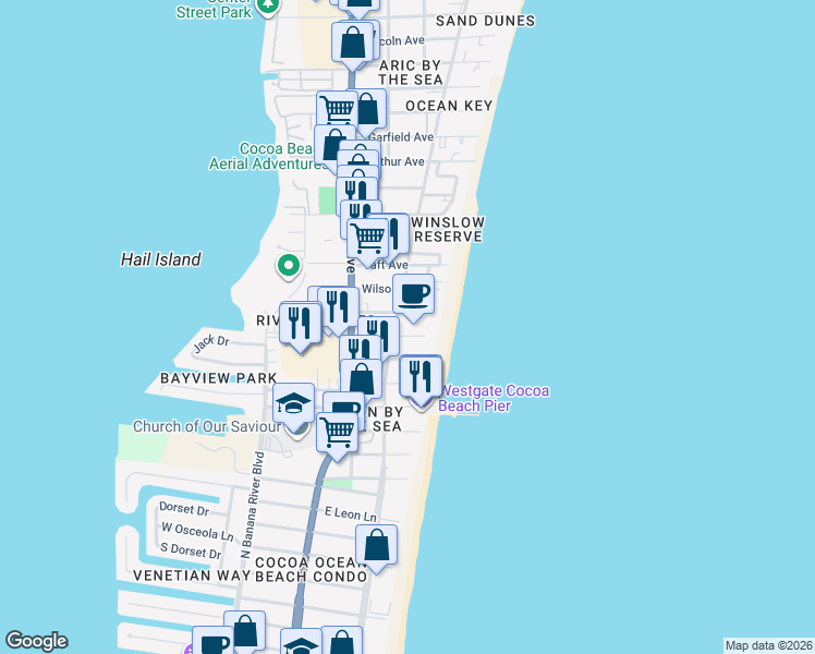 map of restaurants, bars, coffee shops, grocery stores, and more near 5811 Ridgewood Avenue in Cocoa Beach