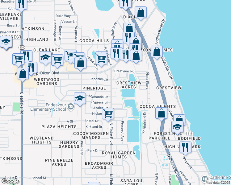 map of restaurants, bars, coffee shops, grocery stores, and more near 401 Alamanda Lane in Cocoa