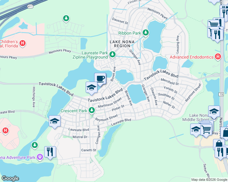 map of restaurants, bars, coffee shops, grocery stores, and more near 8442 Karrer Terrace in Orlando