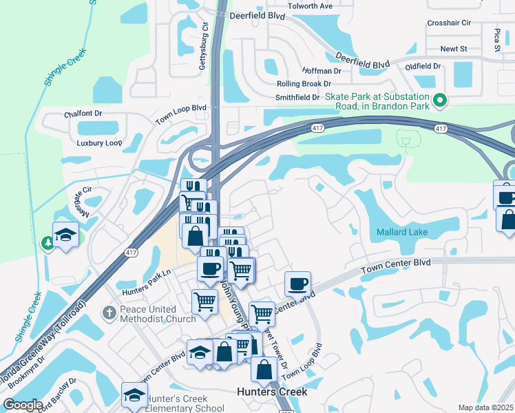 map of restaurants, bars, coffee shops, grocery stores, and more near 3000 National Parks Drive in Orlando