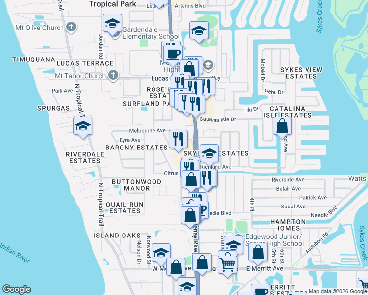 map of restaurants, bars, coffee shops, grocery stores, and more near 820 Australian Street in Merritt Island