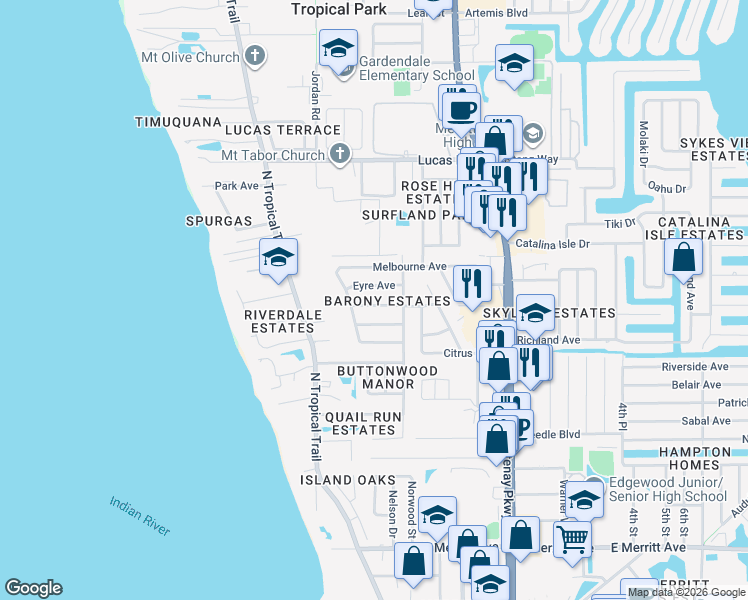 map of restaurants, bars, coffee shops, grocery stores, and more near 255 Eyre Avenue in Merritt Island