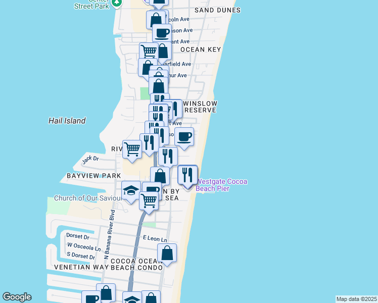 map of restaurants, bars, coffee shops, grocery stores, and more near 300 Barlow Avenue in Cocoa Beach