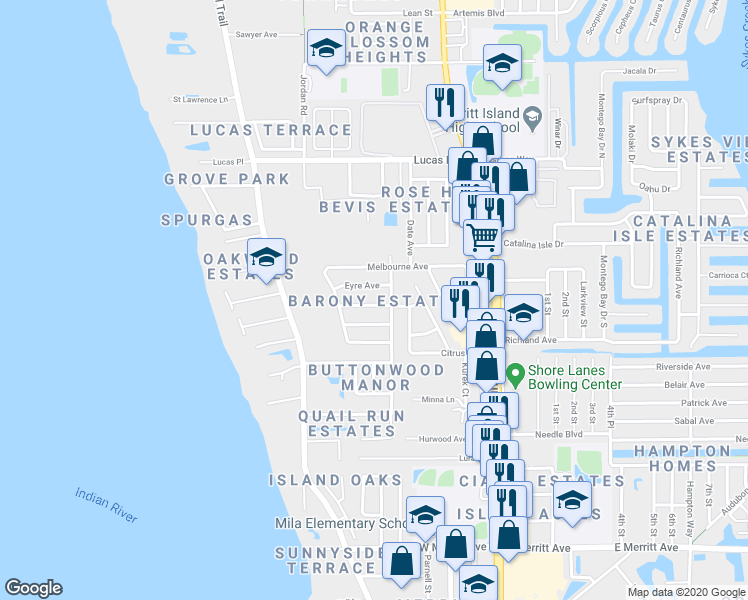 map of restaurants, bars, coffee shops, grocery stores, and more near 230 Perth Avenue in Merritt Island