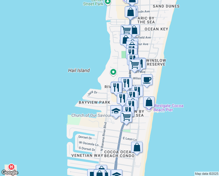 map of restaurants, bars, coffee shops, grocery stores, and more near 5800 North Banana River Boulevard in Cape Canaveral