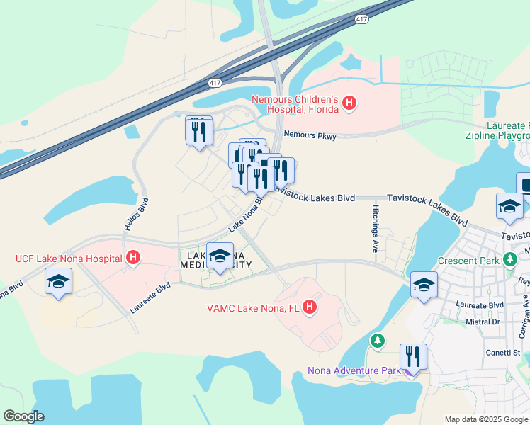 map of restaurants, bars, coffee shops, grocery stores, and more near 6910 Lake Nona Boulevard in Orlando