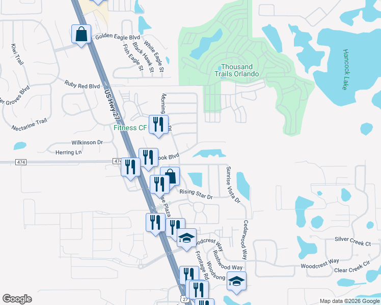 map of restaurants, bars, coffee shops, grocery stores, and more near 16720 Glenbrook Boulevard in Clermont