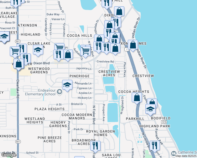 map of restaurants, bars, coffee shops, grocery stores, and more near 401 Alamanda Lane in Cocoa