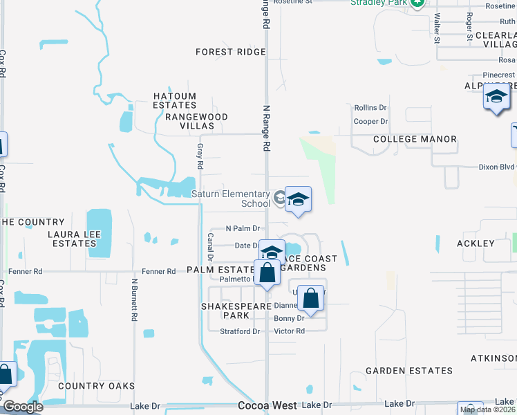 map of restaurants, bars, coffee shops, grocery stores, and more near 2508 Terri Lane in Cocoa