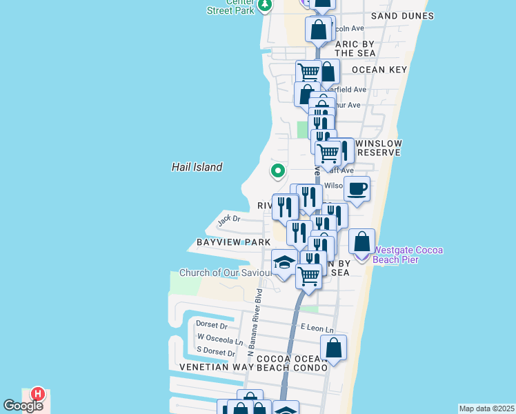 map of restaurants, bars, coffee shops, grocery stores, and more near 5801 North Banana River Boulevard in Cape Canaveral