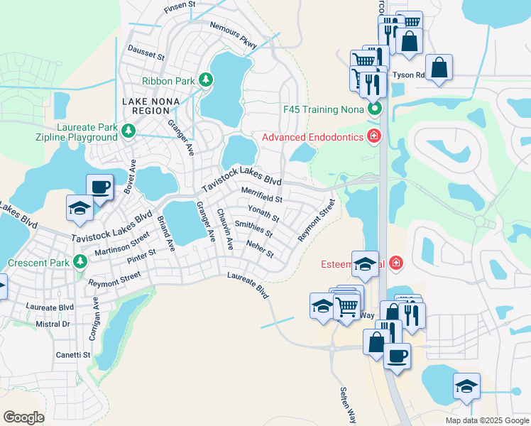 map of restaurants, bars, coffee shops, grocery stores, and more near Yonath Street in Orlando