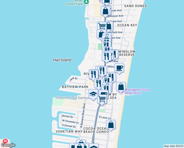 map of restaurants, bars, coffee shops, grocery stores, and more near 5800 North Banana River Boulevard in Cape Canaveral